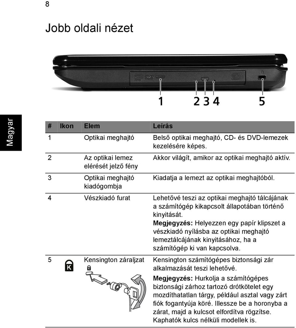 Megjegyzés: Helyezzen egy papír klipszet a vészkiadó nyílásba az optikai meghajtó lemeztálcájának kinyitásához, ha a számítógép ki van kapcsolva.