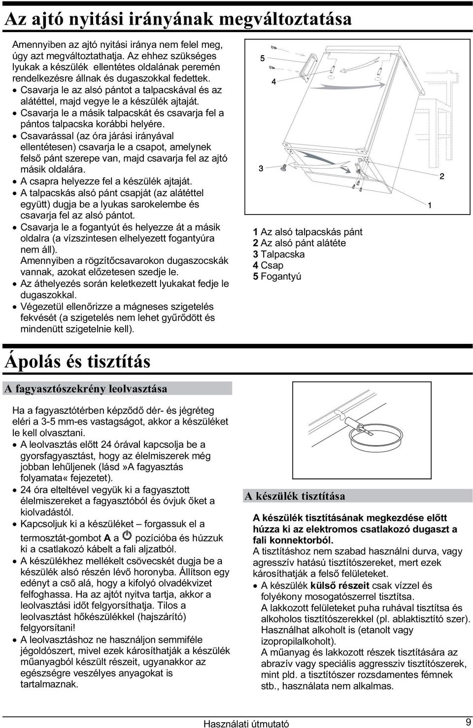 Csavarja le az alsó pántot a talpacskával és az alátéttel, majd vegye le a készülék ajtaját. Csavarja le a másik talpacskát és csavarja fel a pántos talpacska korábbi helyére.