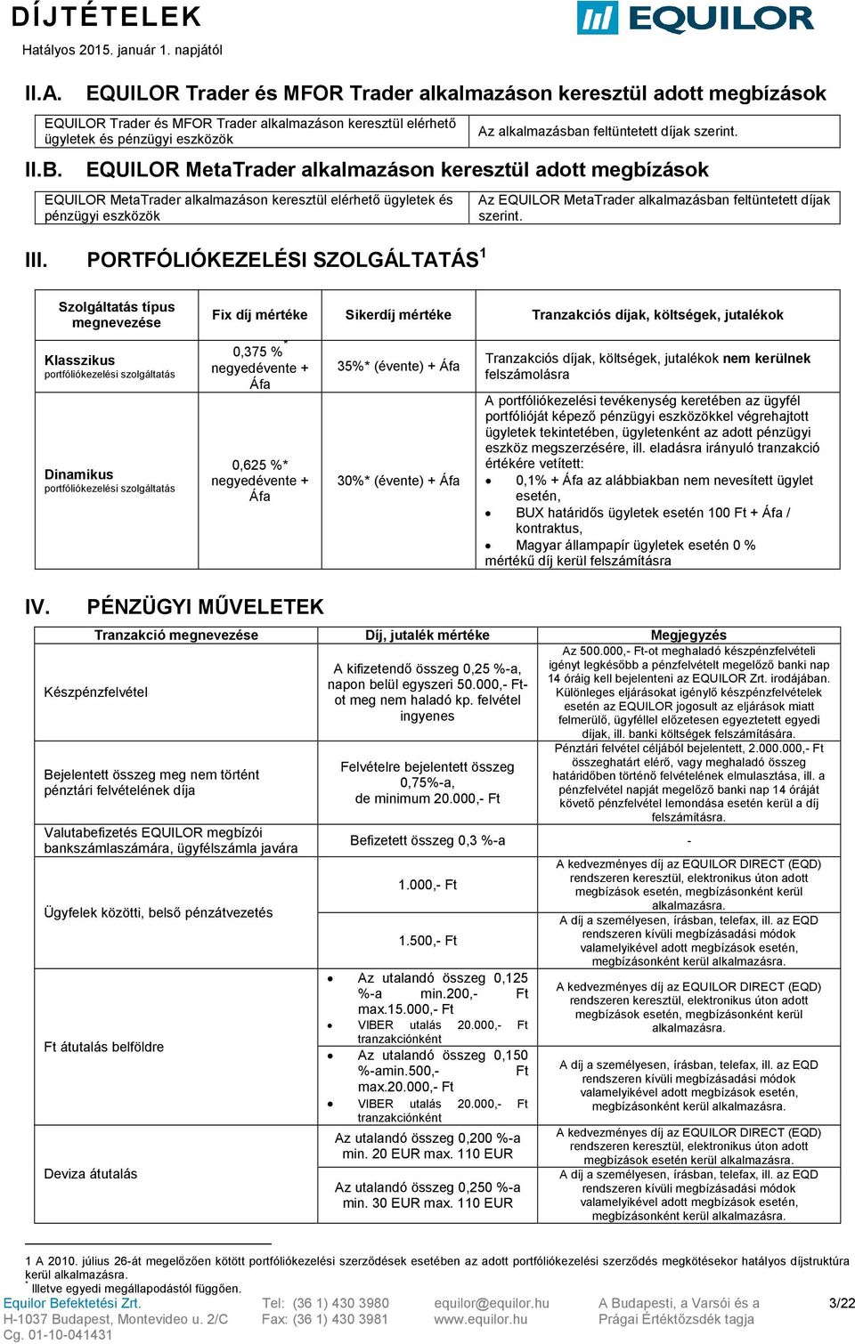 PORTFÓLIÓKEZELÉSI SZOLGÁLTATÁS 1 Az EQUILOR MetaTrader alkalmazásban feltüntetett díjak szerint.