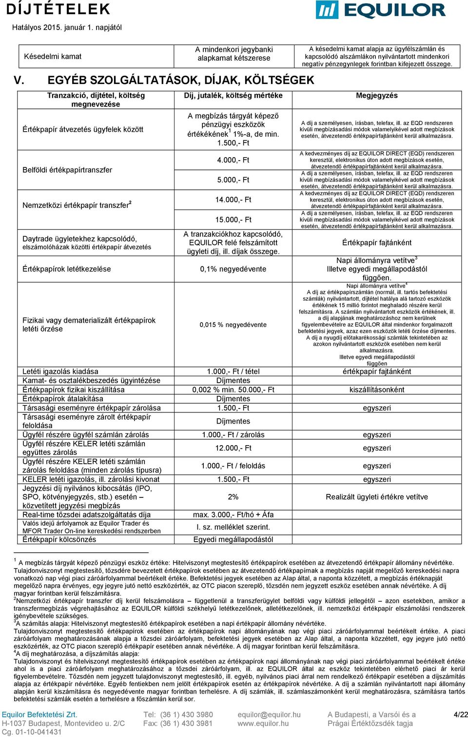 ügyletekhez kapcsolódó, elszámolóházak közötti értékpapír átvezetés Értékpapírok letétkezelése Fizikai vagy dematerializált értékpapírok letéti őrzése Díj,, költség mértéke A megbízás tárgyát képező