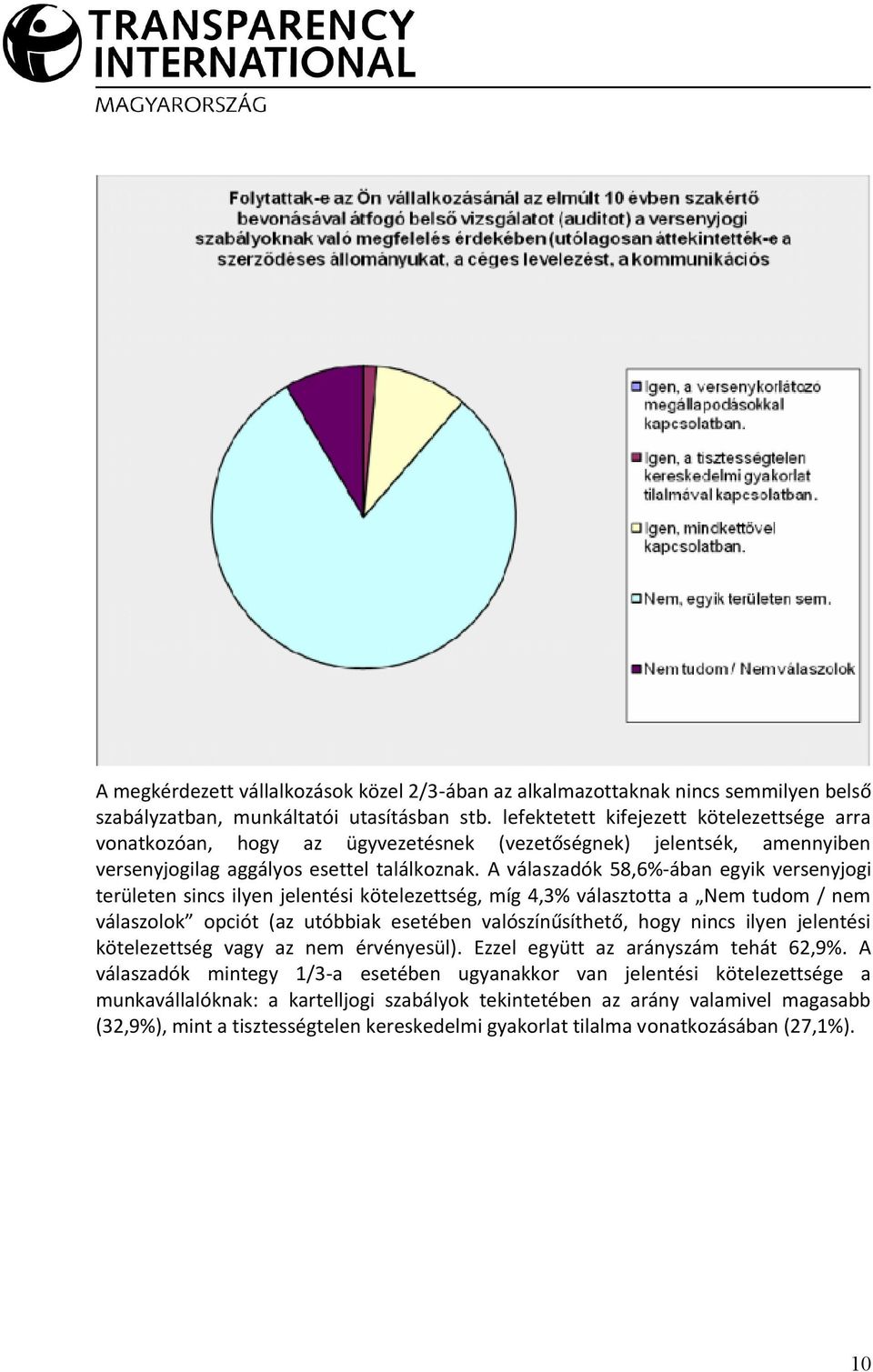 A válaszadók 58,6%-ában egyik versenyjogi területen sincs ilyen jelentési kötelezettség, míg 4,3% választotta a Nem tudom / nem válaszolok opciót (az utóbbiak esetében valószínűsíthető, hogy nincs