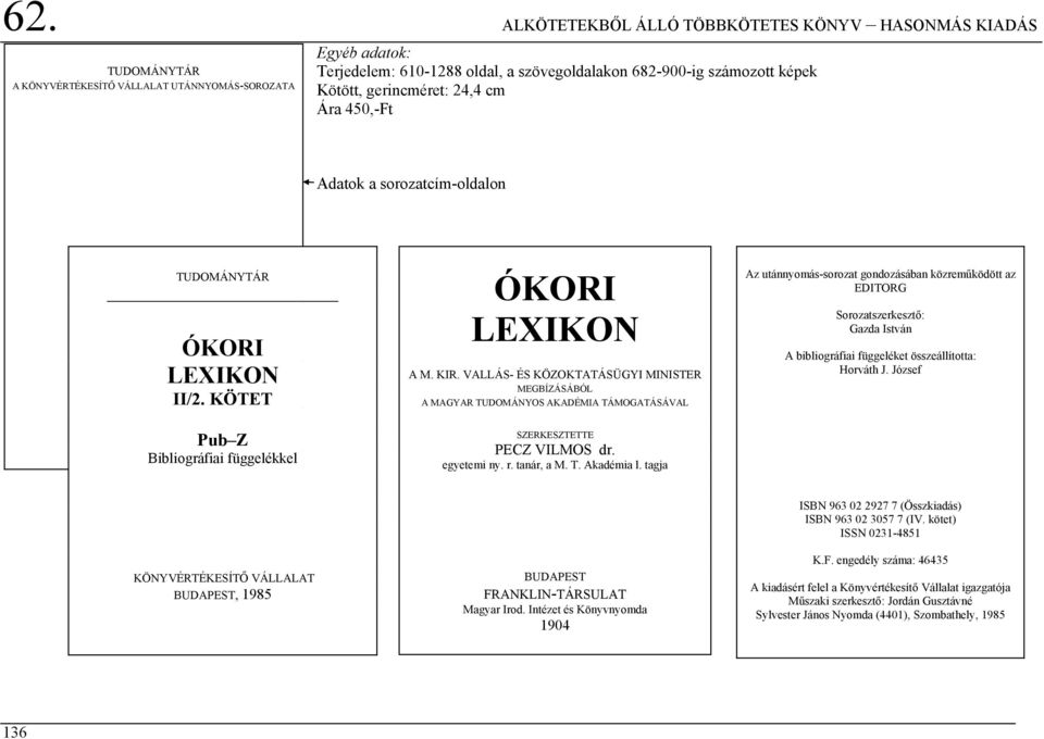 VALLÁS- ÉS KÖZOKTATÁSÜGYI MINISTER MEGBÍZÁSÁBÓL A MAGYAR TUDOMÁNYOS AKADÉMIA TÁMOGATÁSÁVAL SZERKESZTETTE PECZ VILMOS dr. egyetemi ny. r. tanár, a M. T. Akadémia l.