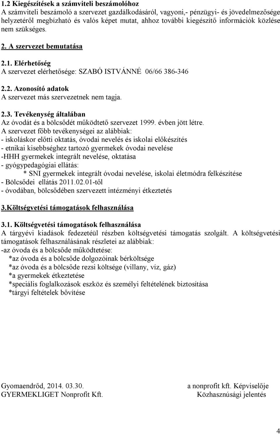 2.3. Tevékenység általában Az óvodát és a bölcsődét működtető szervezet 1999. évben jött létre.