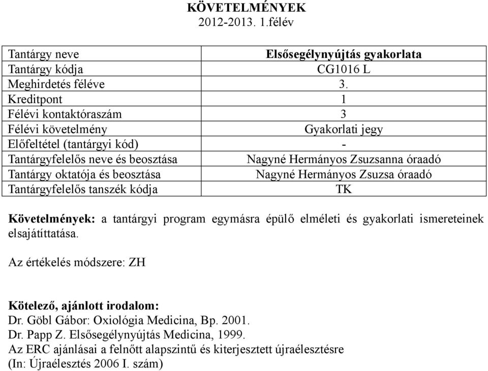 elméleti és gyakorlati ismereteinek elsajátíttatása. Az értékelés módszere: ZH Dr.