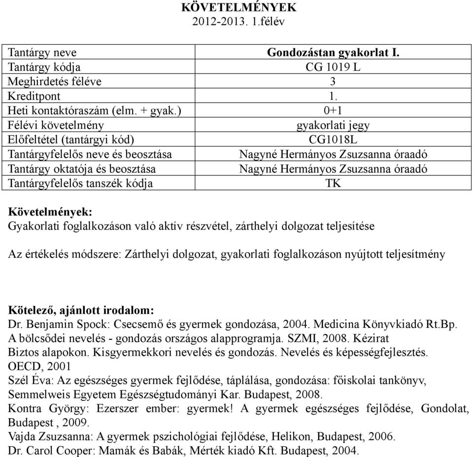 nyújtott teljesítmény Dr. Benjamin Spock: Csecsemő és gyermek gondozása, 2004. Medicina Könyvkiadó Rt.Bp. A bölcsődei nevelés - gondozás országos alapprogramja. SZMI, 2008. Kézirat Biztos alapokon.
