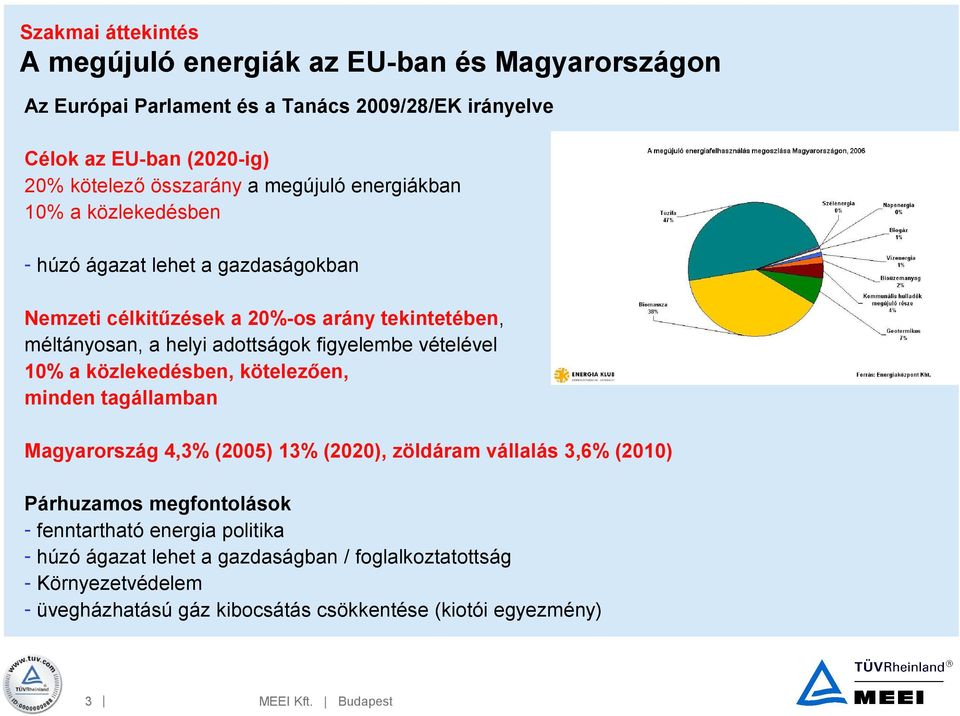 vételével 10% a közlekedésben, kötelezően, minden tagállamban Magyarország 4,3% (2005) 13% (2020), zöldáram vállalás 3,6% (2010) Párhuzamos megfontolások -