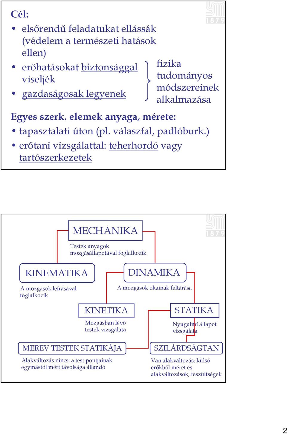 ) erőtani vizsgálattal: teherhordó vagy tartószerkezetek fizika tudományos módszereinek alkalmazása MECHANIKA Testek anyagok mozgásállapotával foglalkozik KINEMATIKA A