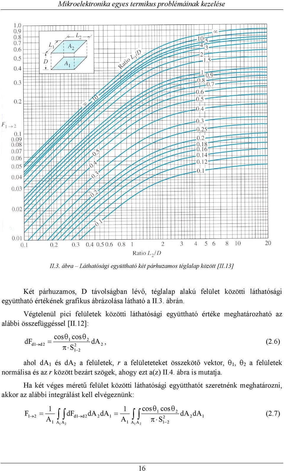 Végtelenül pici felületek közötti láthatósági együttható értéke meghatározható az alábbi összefüggéssel [II.]: df cosθ cosθ d d = da, (.