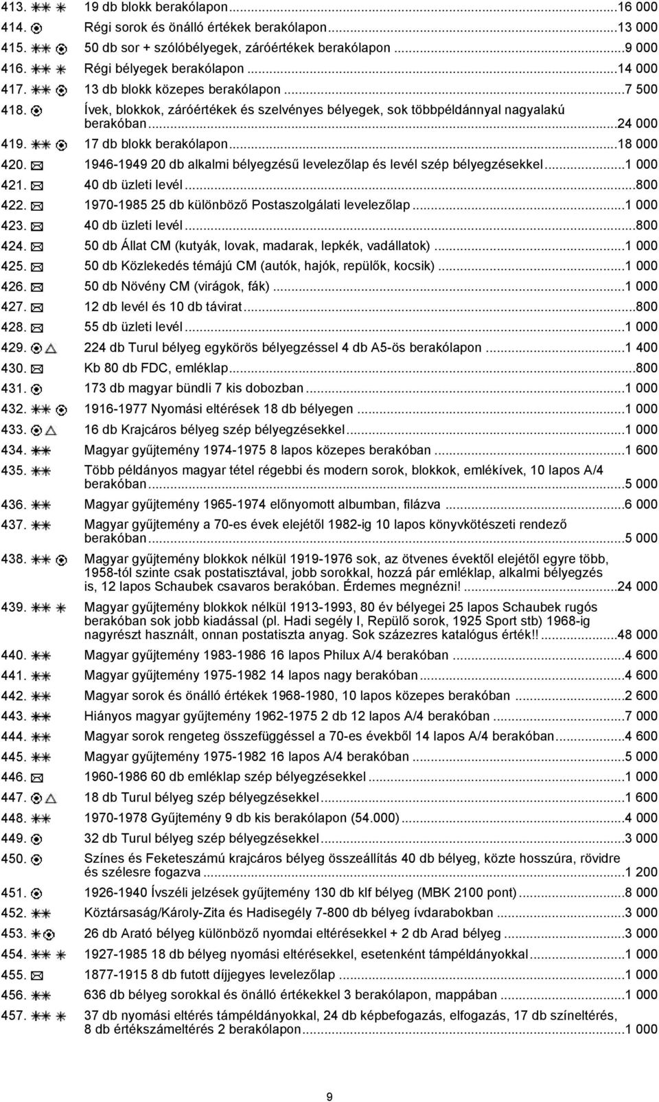 1946-1949 20 db alkalmi bélyegzésű levelezőlap és levél szép bélyegzésekkel...1 000 421. 40 db üzleti levél...800 422. 1970-1985 25 db különböző Postaszolgálati levelezőlap...1 000 423.