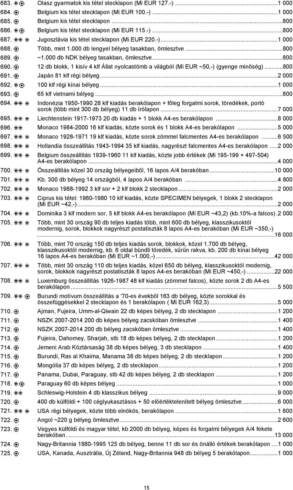 000 db NDK bélyeg tasakban, ömlesztve...800 690. 12 db blokk, 1 kisív 4 klf Állat nyolcastömb a világból (Mi EUR ~50,-) (gyenge minőség)...800 691. Japán 81 klf régi bélyeg...2 000 692.