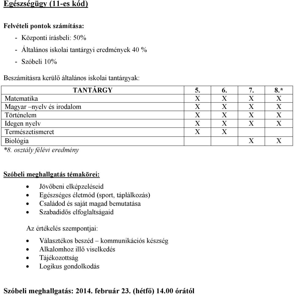 osztály félévi eredmény Szóbeli meghallgatás témakörei: Jövőbeni elképzeléseid Egészséges életmód (sport, táplálkozás) Családod és saját magad bemutatása Szabadidős