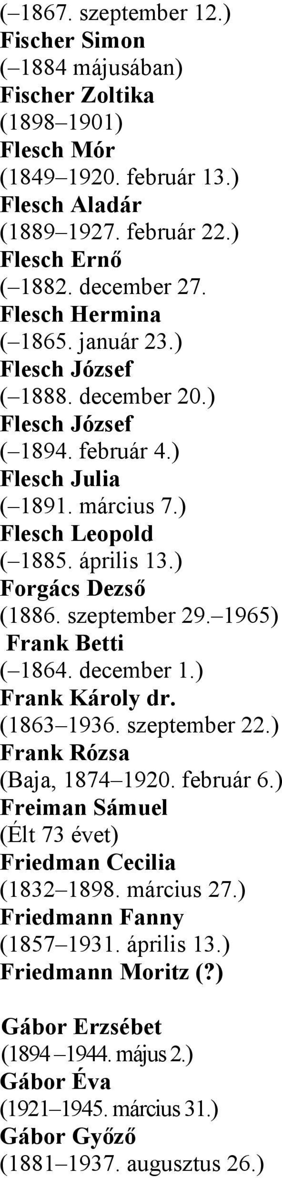 ) Forgács Dezső (1886. szeptember 29. 1965) Frank Betti ( 1864. december 1.) Frank Károly dr. (1863 1936. szeptember 22.) Frank Rózsa (Baja, 1874 1920. február 6.
