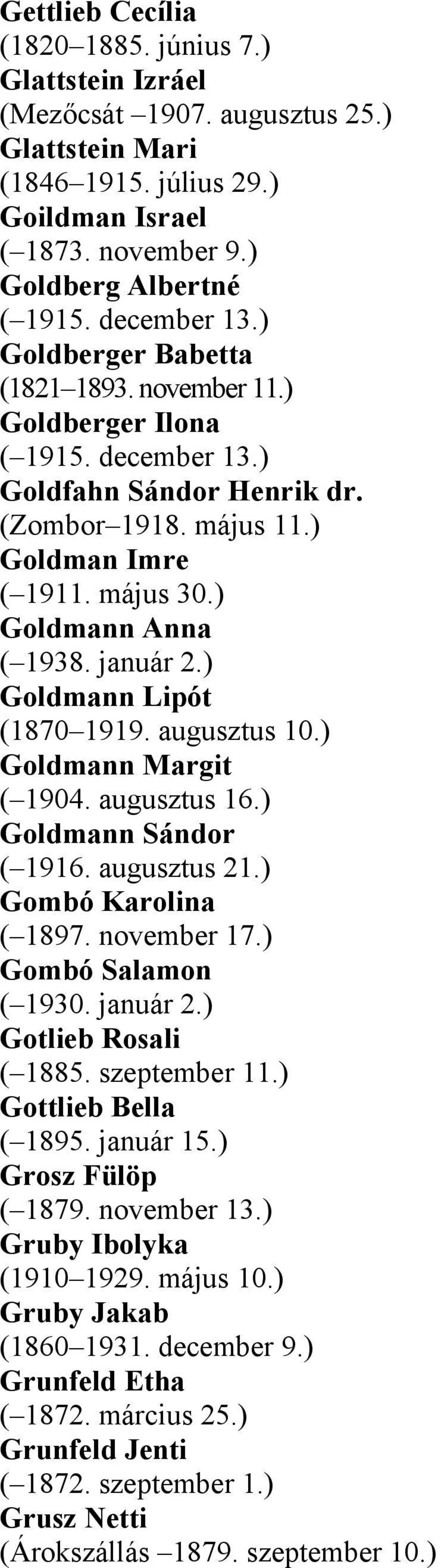 ) Goldmann Anna ( 1938. január 2.) Goldmann Lipót (1870 1919. augusztus 10.) Goldmann Margit ( 1904. augusztus 16.) Goldmann Sándor ( 1916. augusztus 21.) Gombó Karolina ( 1897. november 17.