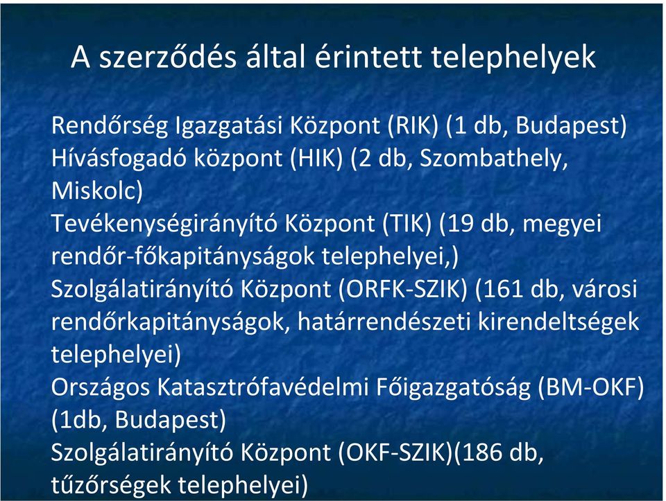 Szolgálatirányító Központ (ORFK SZIK) (161 db, városi rendőrkapitányságok, határrendészeti kirendeltségek telephelyei)