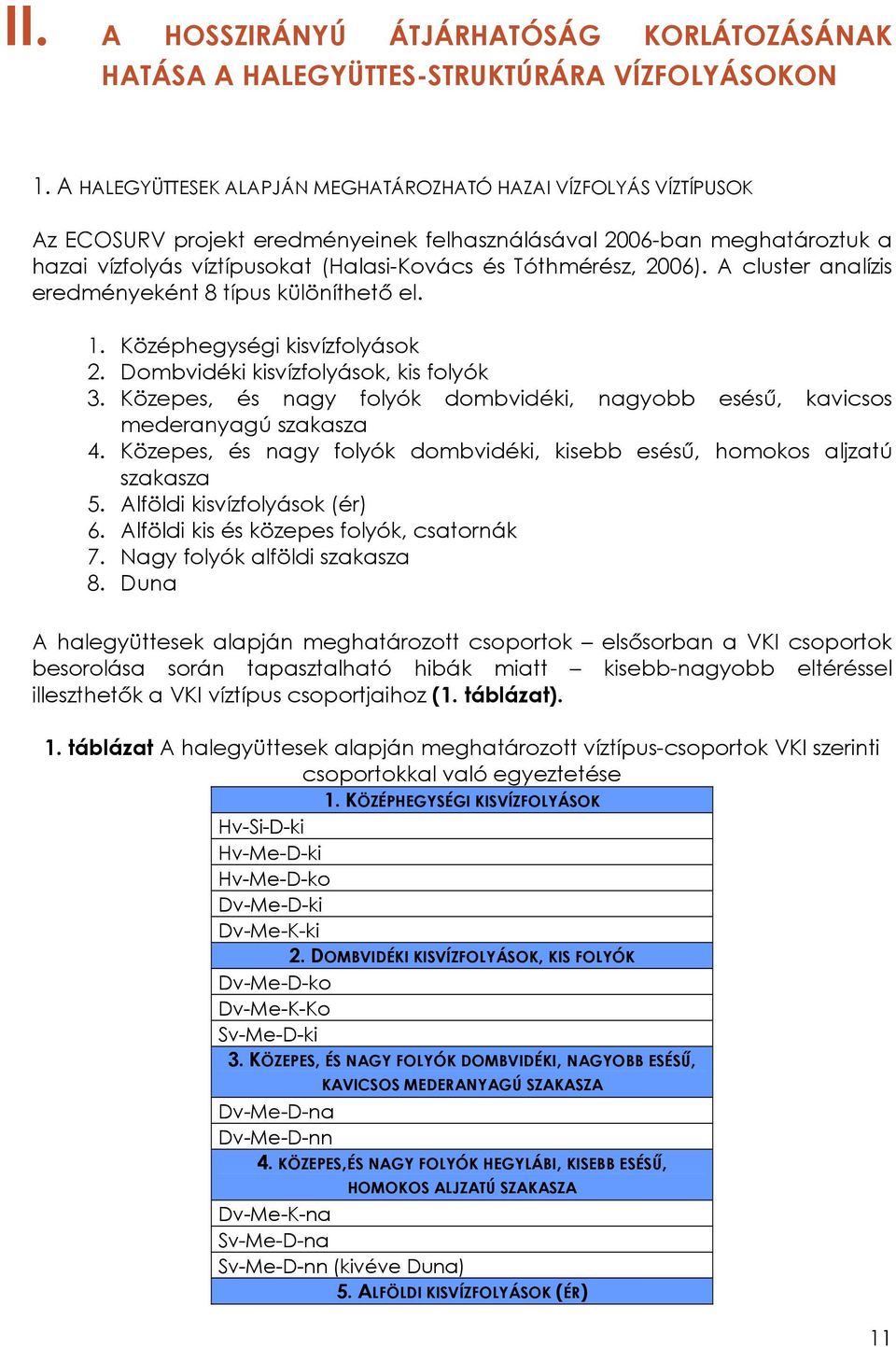 2006). A cluster analízis eredményeként 8 típus különíthető el. 1. Középhegységi kisvízfolyások 2. Dombvidéki kisvízfolyások, kis folyók 3.