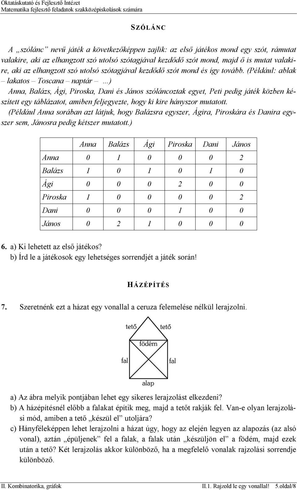 (Például: ablak lakatos Toscana naptár ) Anna, Balázs, Ági, Piroska, Dani és János szóláncoztak egyet, Peti pedig játék közben készített egy táblázatot, amiben feljegyezte, hogy ki kire hányszor