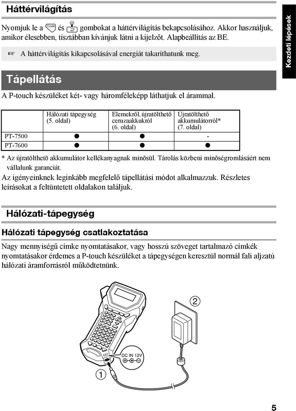 oldal) Elemekről, újratölthető ceruzaakkukról (6. oldal) Újratölthető akkumulátorról* (7. oldal) PT-7500 - PT-7600 * Az újratölthetõ akkumulátor kellékanyagnak minõsül.
