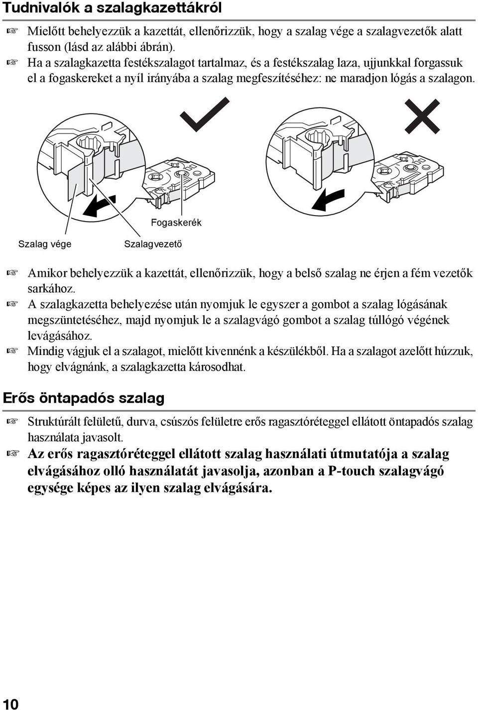 Fogaskerék Szalag vége Szalagvezető Amikor behelyezzük a kazettát, ellenőrizzük, hogy a belső szalag ne érjen a fém vezetők sarkához.