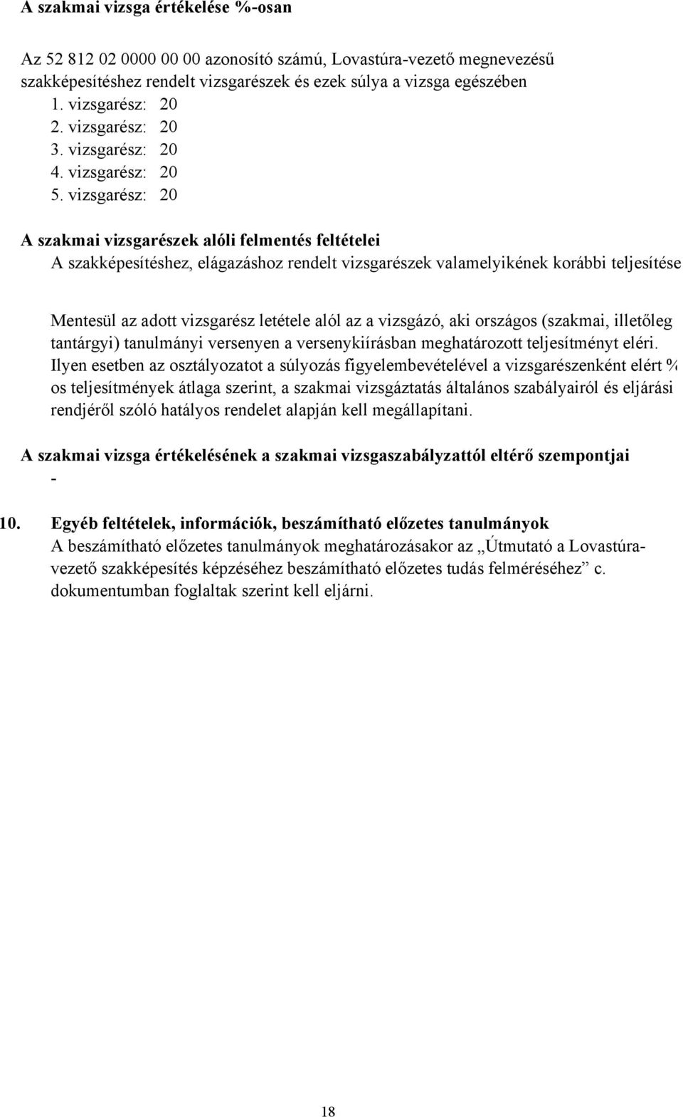 vizsgarész: 20 A szakmai vizsgarészek alóli felmentés feltételei A szakképesítéshez, elágazáshoz rendelt vizsgarészek valamelyikének korábbi teljesítése Mentesül az adott vizsgarész letétele alól az