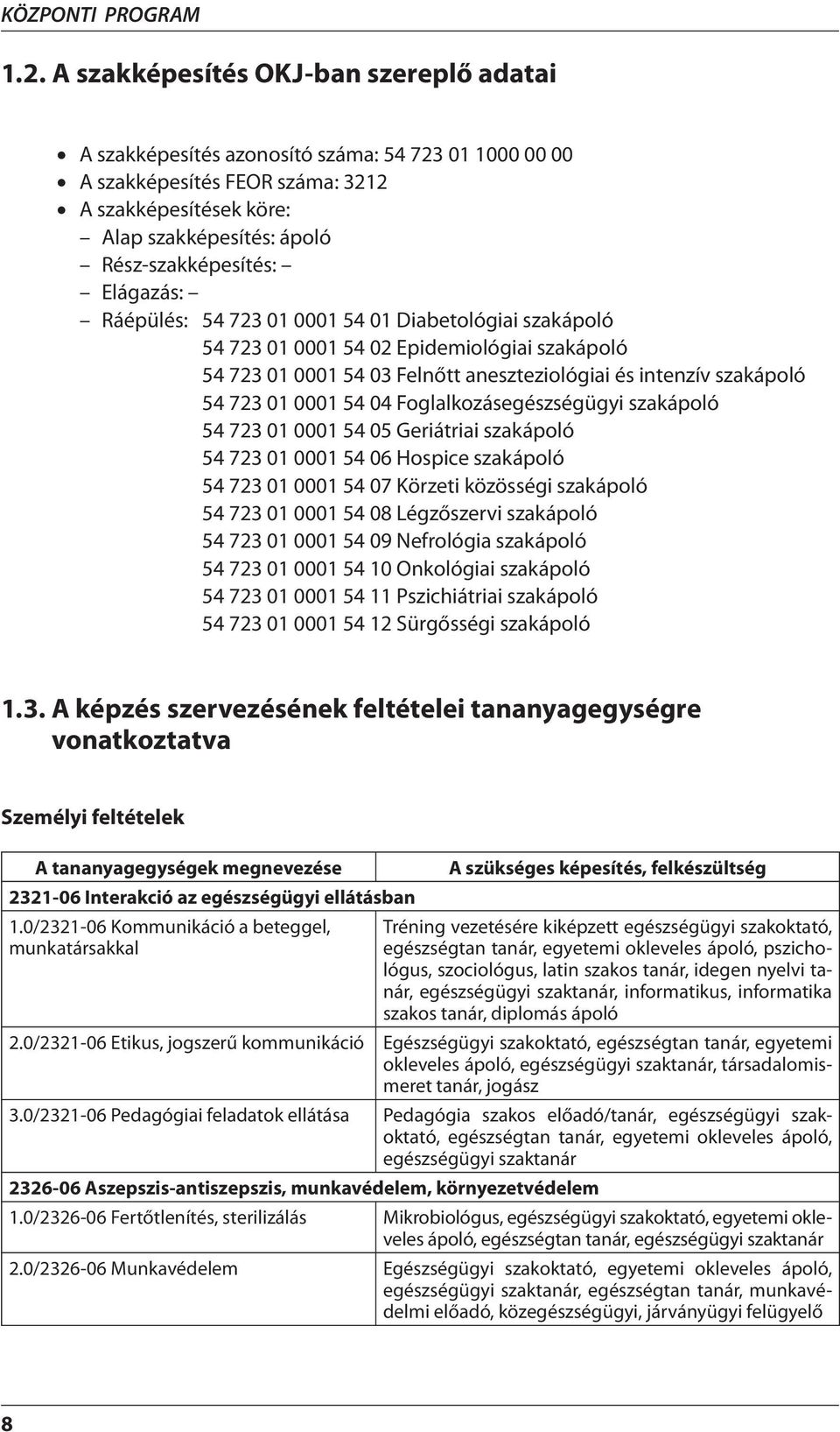 Elágazás: Ráépülés: 54 723 01 0001 54 01 Diabetológiai szakápoló 54 723 01 0001 54 02 Epidemiológiai szakápoló 54 723 01 0001 54 03 Felnőtt aneszteziológiai és intenzív szakápoló 54 723 01 0001 54 04