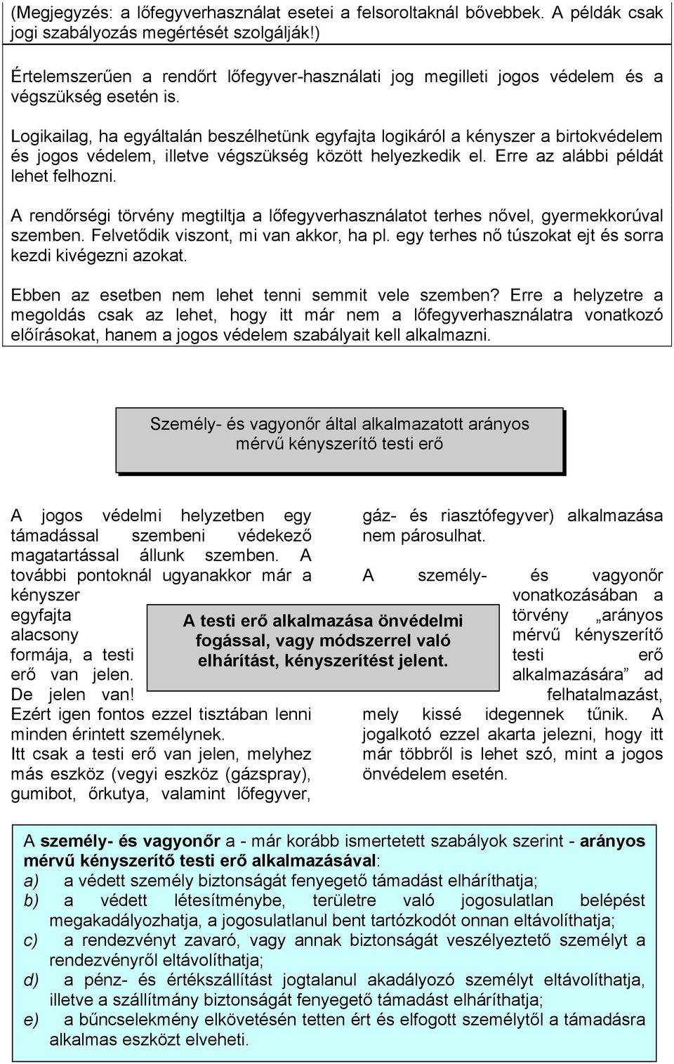 Logikailag, ha egyáltalán beszélhetünk egyfajta logikáról a kényszer a birtokvédelem és jogos védelem, illetve végszükség között helyezkedik el. Erre az alábbi példát lehet felhozni. A rend!