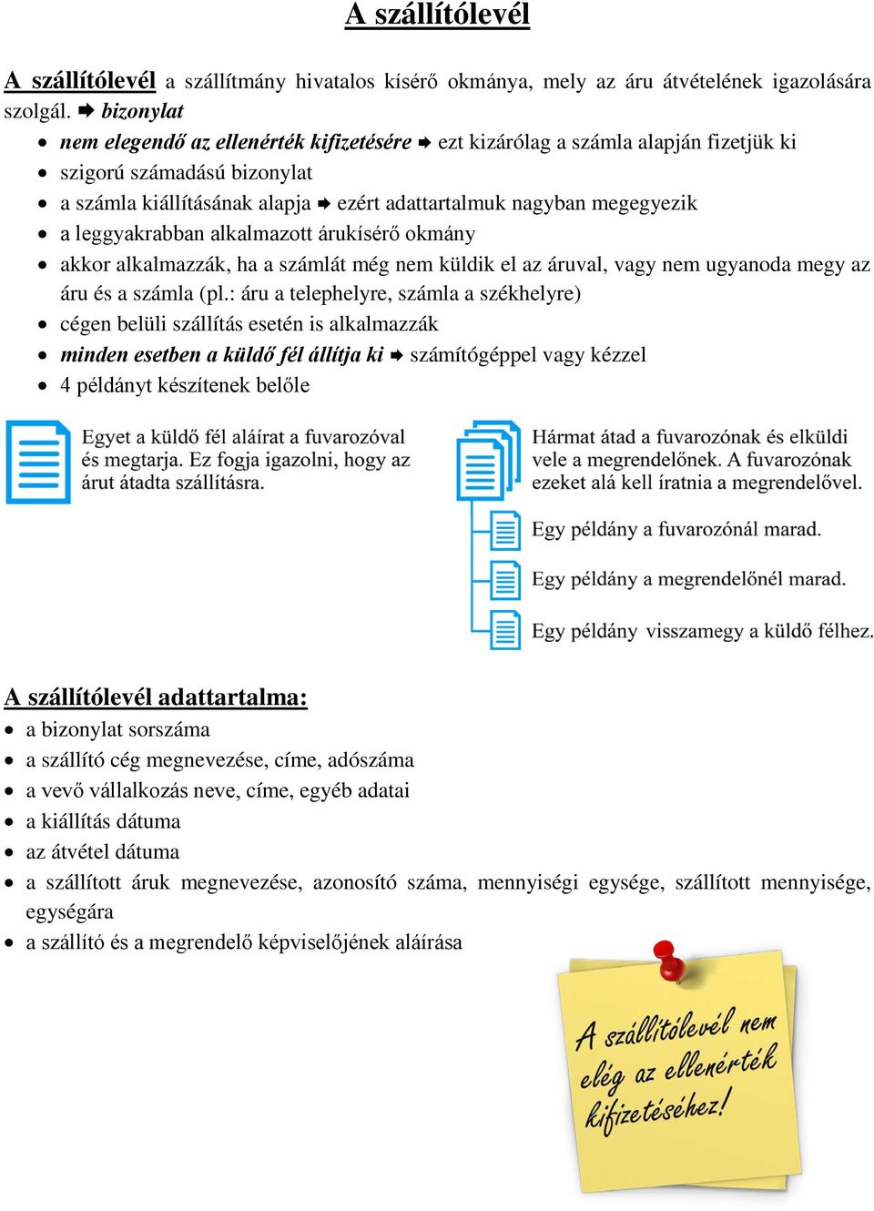 leggyakrabban alkalmazott árukísérő okmány akkor alkalmazzák, ha a számlát még nem küldik el az áruval, vagy nem ugyanoda megy az áru és a számla (pl.