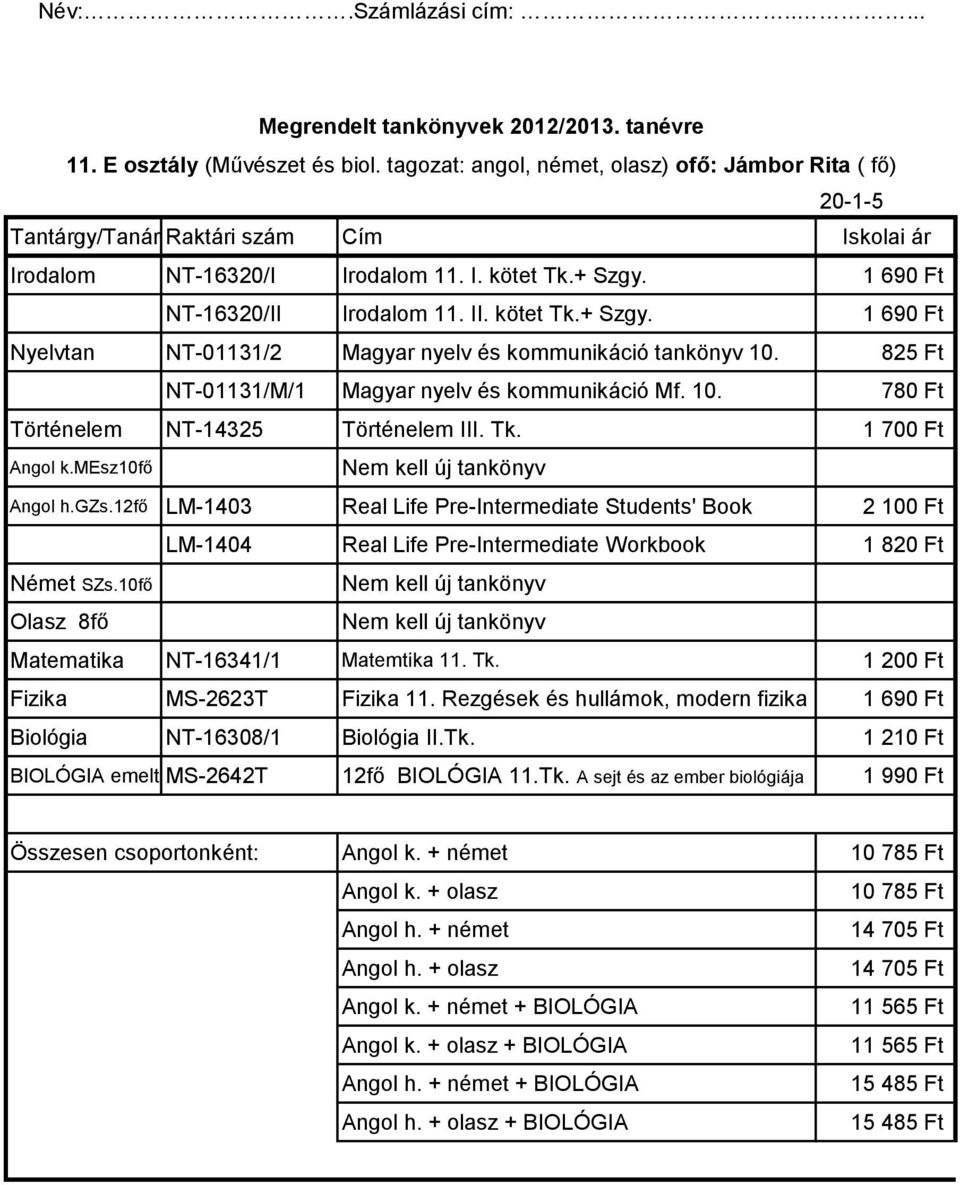 Tk. 1 700 Ft Angol k.mesz10fő Angol h.gzs.12fő LM-1403 Real Life Pre-Intermediate Students' Book 2 100 Ft LM-1404 Real Life Pre-Intermediate Workbook 1 820 Ft Német SZs.