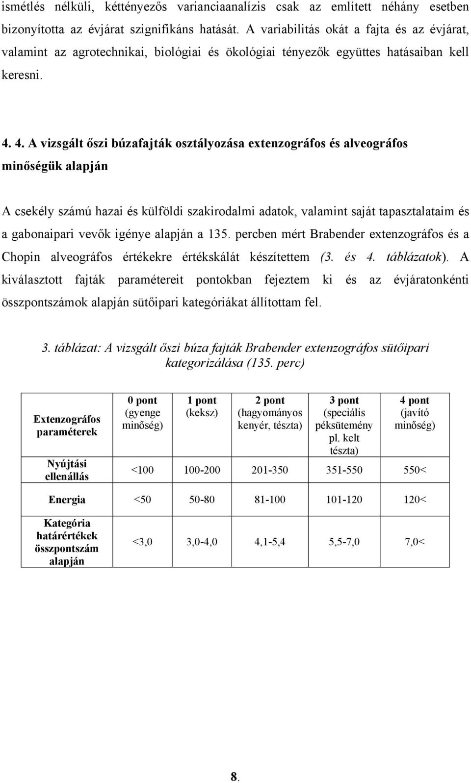 4. A vizsgált őszi búzafajták osztályozása extenzográfos és alveográfos minőségük alapján A csekély számú hazai és külföldi szakirodalmi adatok, valamint saját tapasztalataim és a gabonaipari vevők