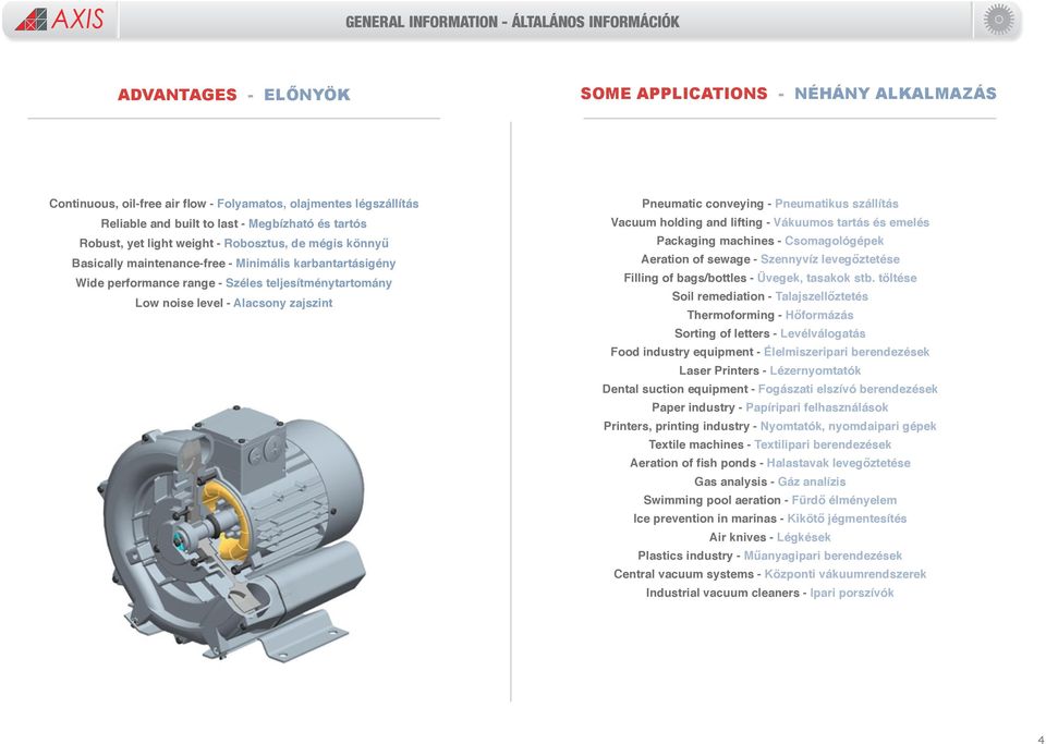 level - Alacsony zajszint Pneumatic conveying - Pneumatikus szállítás Vacuum holding and lifting - Vákuumos tartás és emelés Packaging machines - Csomagológépek Aeration of sewage - Szennyvíz