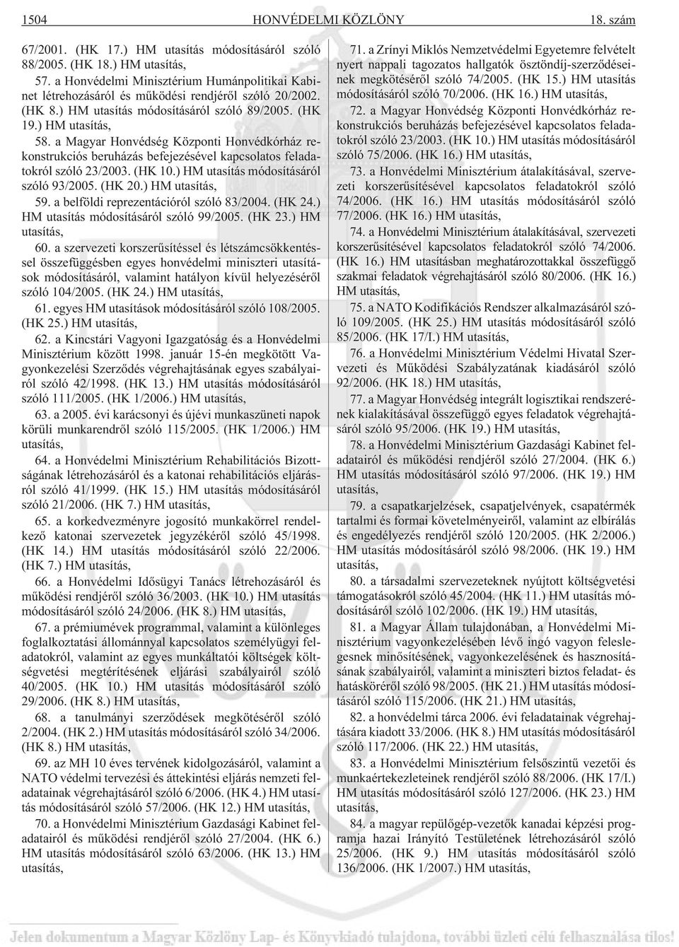 a Magyar Honvédség Központi Honvédkórház rekonstrukciós beruházás befejezésével kapcsolatos feladatokról szóló 23/2003. (HK 10.) HM utasítás módosításáról szóló 93/2005. (HK 20.) HM utasítás, 59.
