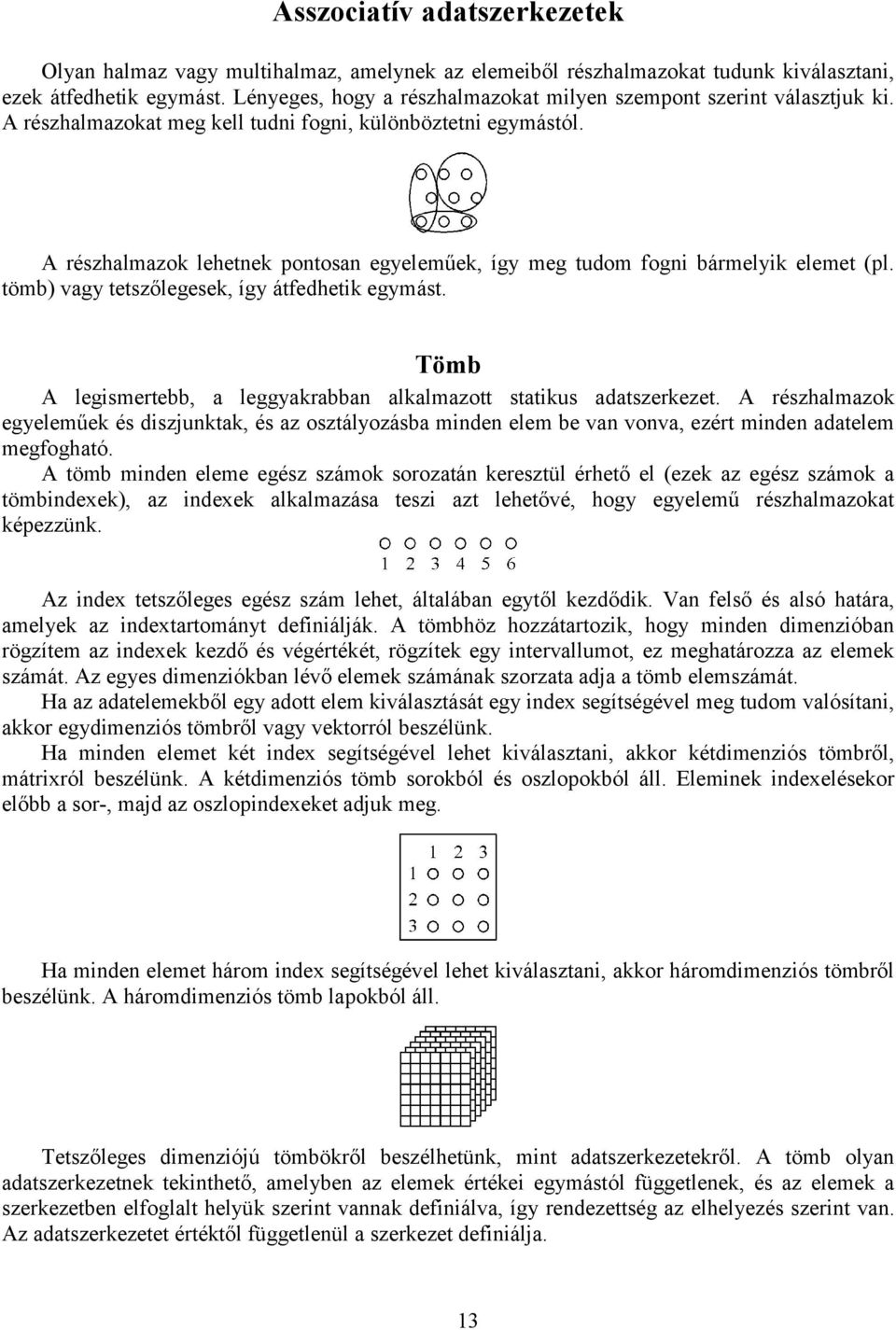 A részhalmazok lehetnek pontosan egyeleműek, így meg tudom fogni bármelyik elemet (pl. tömb) vagy tetszőlegesek, így átfedhetik egymást.