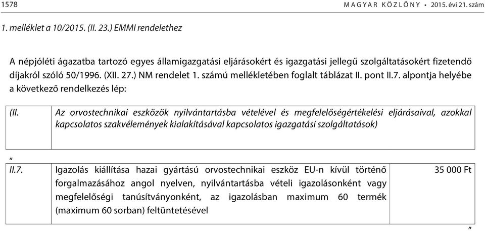 számú mellékletében foglalt táblázat II. pont II.7. alpontja helyébe a következő rendelkezés lép: (II.