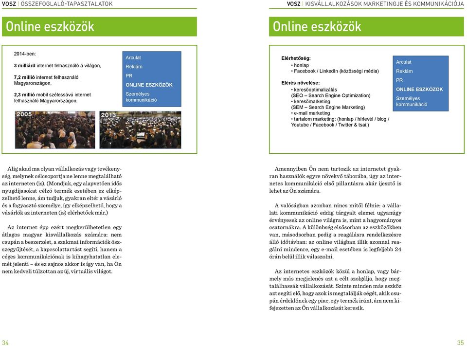 ONLINE ESZKÖZÖK Személyes kommunikáció Elérhetőség: honlap Facebook / LinkedIn (közösségi média) Elérés növelése: keresőoptimalizálás (SEO Search Engine Optimization) keresőmarketing (SEM Search