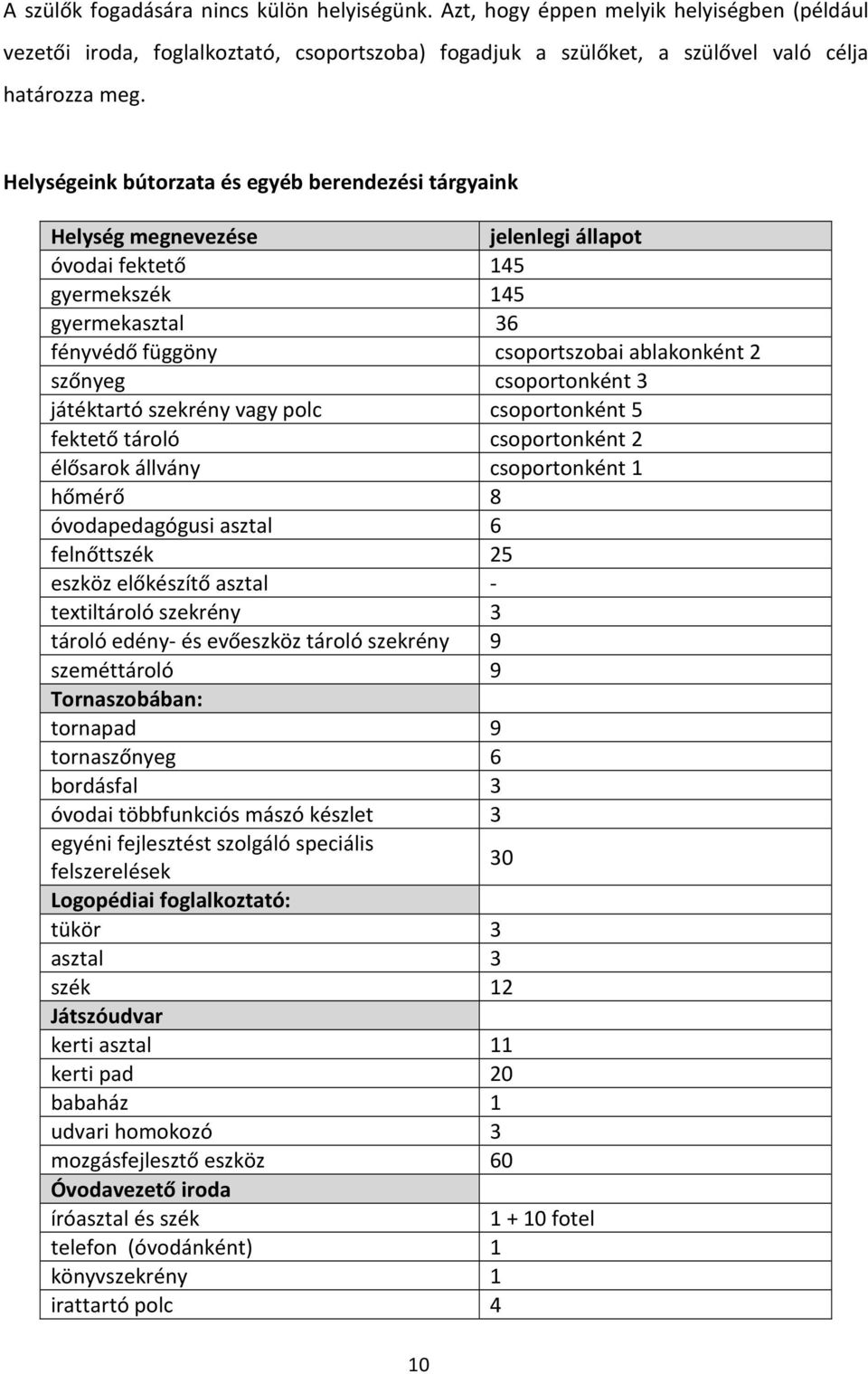 csoportonként 3 játéktartó szekrény vagy polc csoportonként 5 fektető tároló csoportonként 2 élősarok állvány csoportonként 1 hőmérő 8 óvodapedagógusi asztal 6 felnőttszék 25 eszköz előkészítő asztal