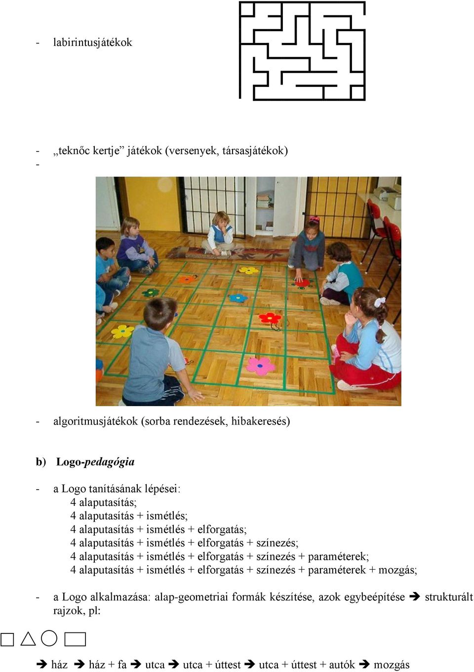 színezés; 4 alaputasítás + ismétlés + elforgatás + színezés + paraméterek; 4 alaputasítás + ismétlés + elforgatás + színezés + paraméterek + mozgás; -