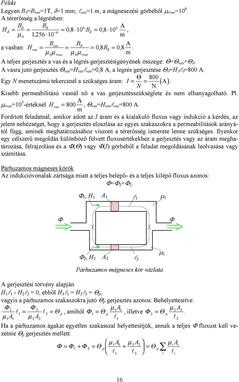 Θ 8 Egy N meneszámú ekercsnél a szükséges áram: = = ( ) N N A. Ksebb permeablású vasnál nő a vas gerjeszésszükséglee és nem elhanyagolhaó. Pl.