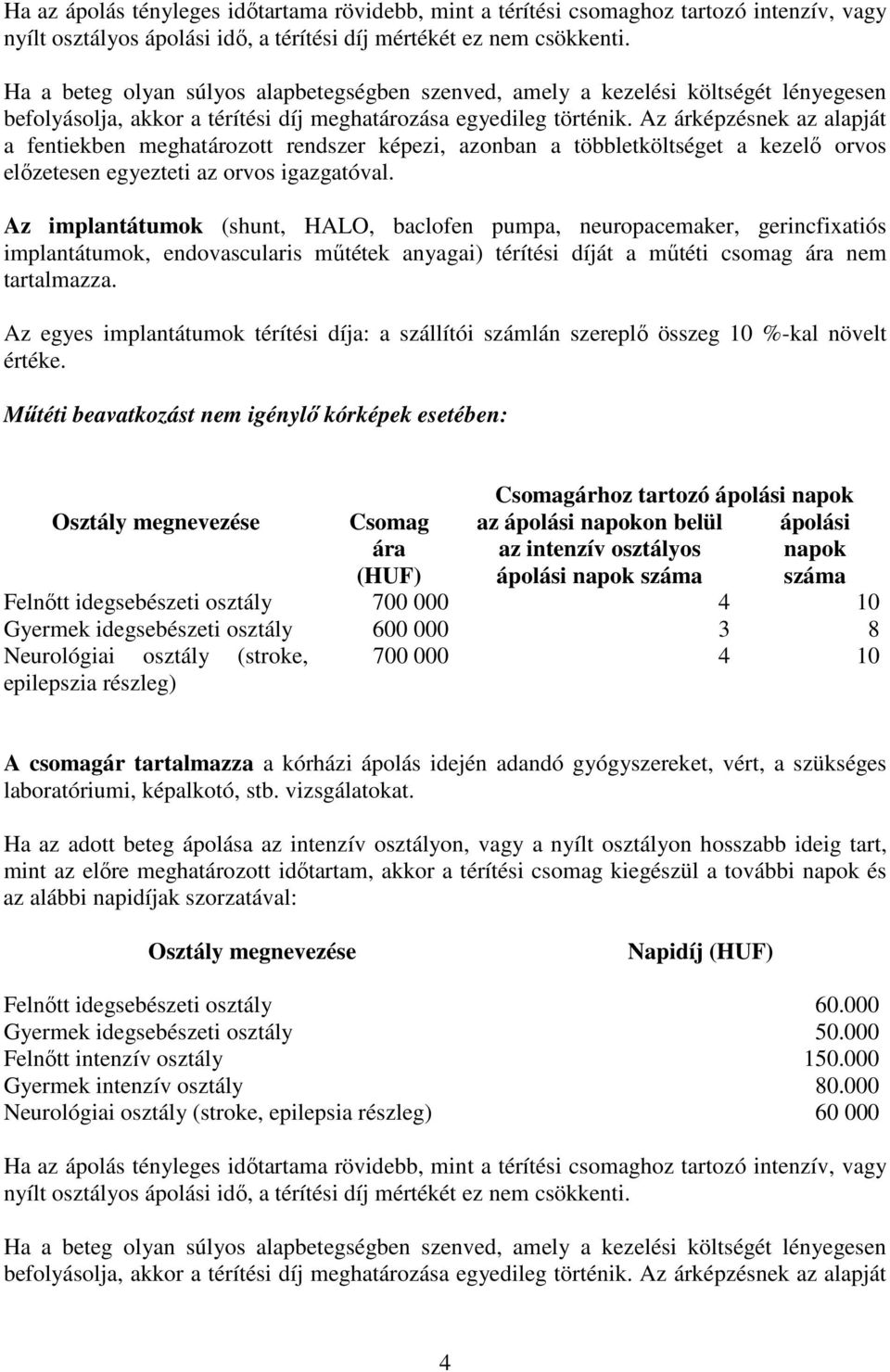Az árképzésnek az alapját a fentiekben meghatározott rendszer képezi, azonban a többletköltséget a kezelő orvos előzetesen egyezteti az orvos igazgatóval.
