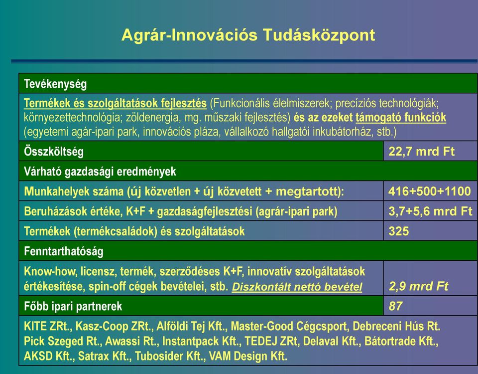 ) Összköltség Várható gazdasági eredmények 22,7 mrd Ft Munkahelyek száma (új közvetlen + új közvetett + megtartott): 416+500+1100 Beruházások értéke, K+F + gazdaságfejlesztési (agrár-ipari park)