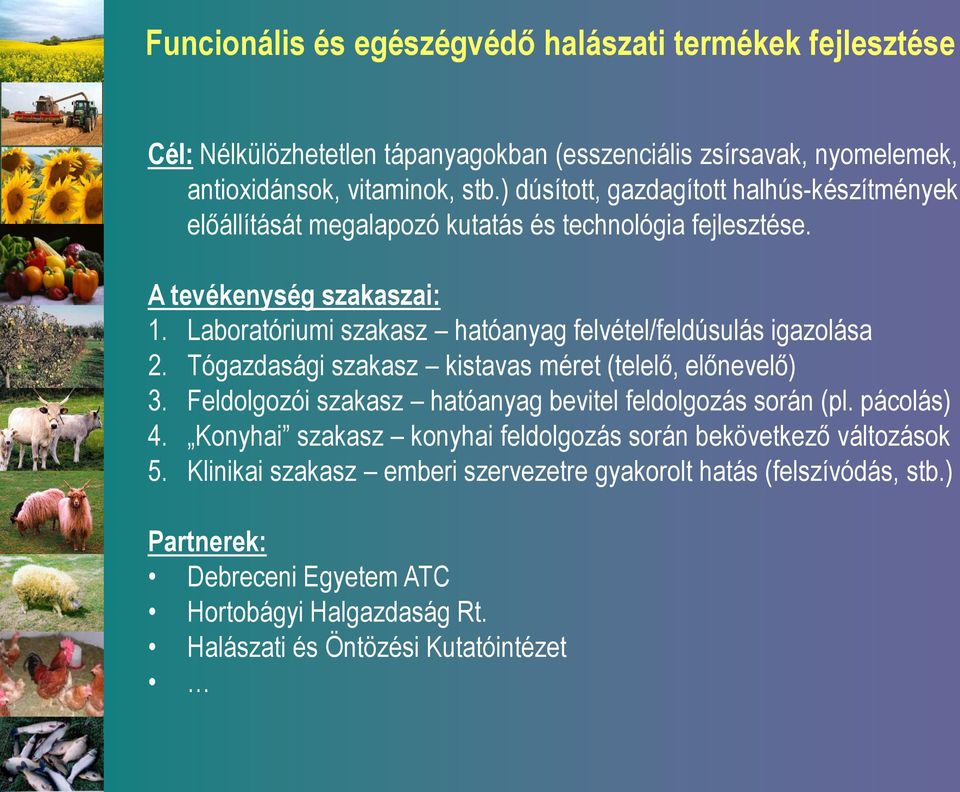 Laboratóriumi szakasz hatóanyag felvétel/feldúsulás igazolása 2. Tógazdasági szakasz kistavas méret (telelő, előnevelő) 3.