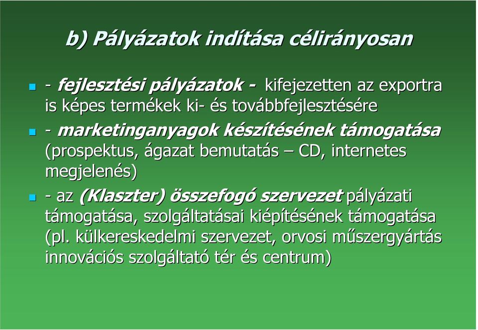 CD, internetes megjelenés) - az (Klaszter) összefogó szervezet pályázati támogatása, szolgáltat ltatásai kiépítésének