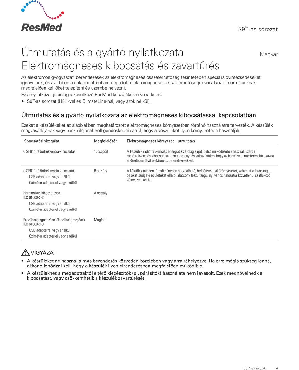 Ez a nyilatkozat jelenleg a következő ResMed készülékekre vonatkozik: S9 -as sorozat (H5i -vel és ClimateLine-nal, vagy azok nélkül).