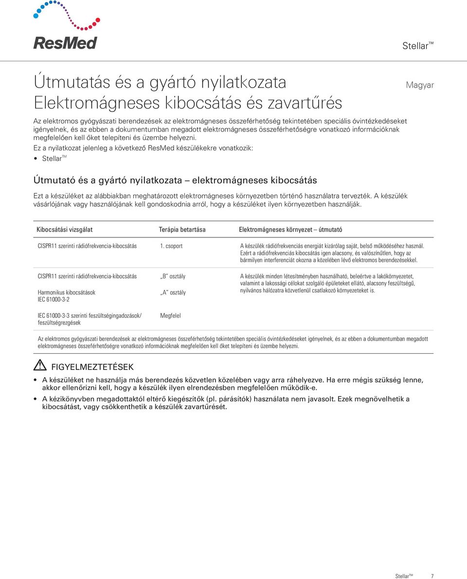 Ez a nyilatkozat jelenleg a következő ResMed készülékekre vonatkozik: Stellar TM Útmutató és a gyártó nyilatkozata elektromágneses kibocsátás Ezt a készüléket az alábbiakban meghatározott