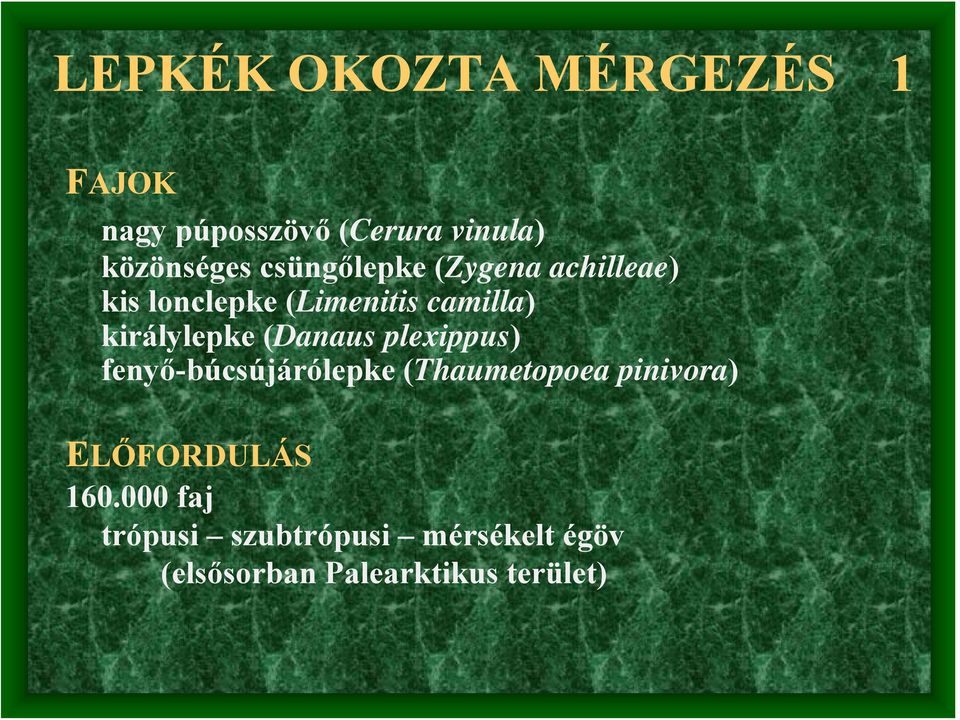 (Danaus plexippus) fenyő-búcsújárólepke (Thaumetopoea pinivora) ELŐFORDULÁS