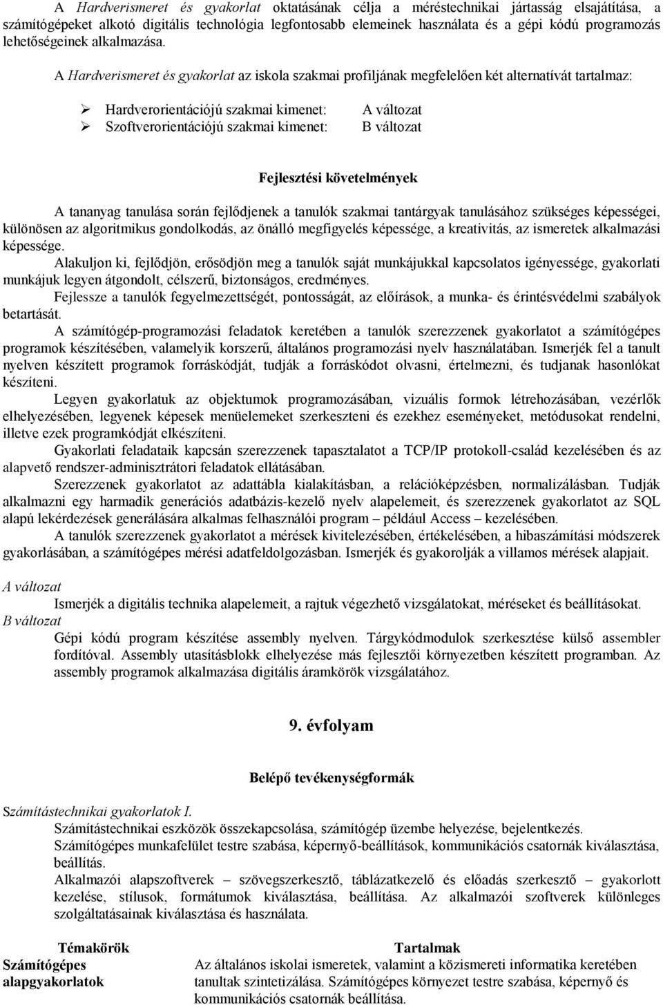 A Hardverismeret és gyakorlat az iskola szakmai profiljának megfelelően két alternatívát tartalmaz: Hardverorientációjú szakmai kimenet: Szoftverorientációjú szakmai kimenet: A változat B változat