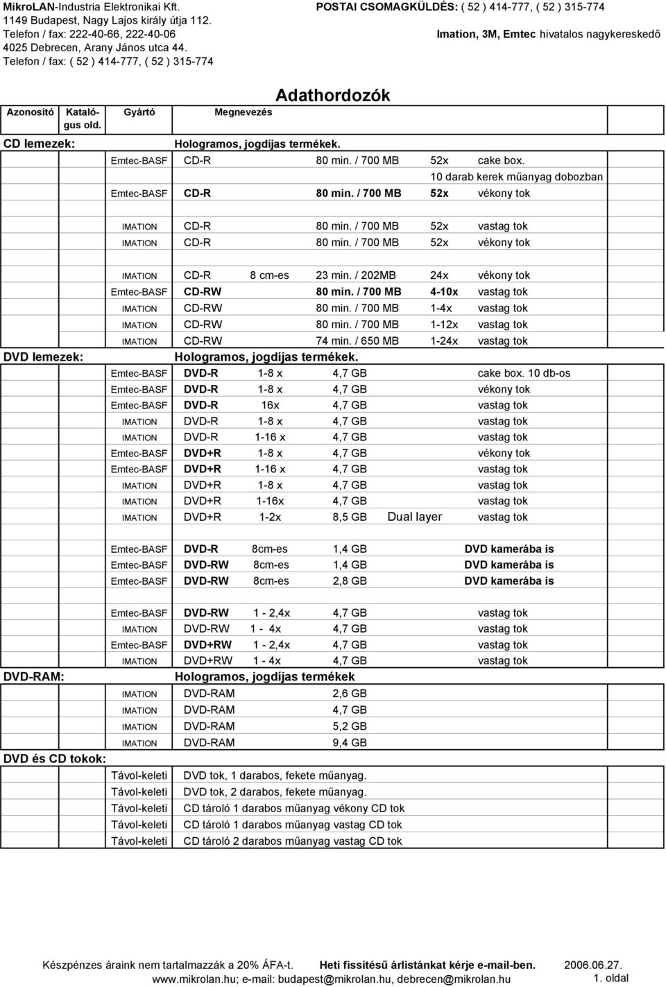 / 700 MB 1-4x vastag tok CD-RW 80 min. / 700 MB 1-12x vastag tok CD-RW 74 min. / 650 MB 1-24x vastag tok Hologramos, jogdíjas termékek. Emtec-BASF DVD-R 1-8 x 4,7 GB cake box.