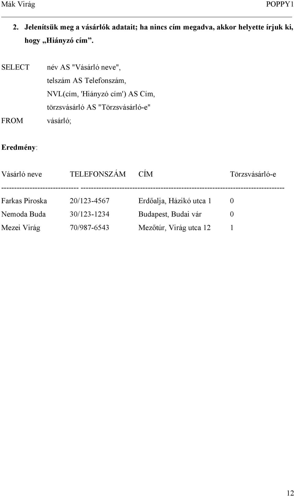 Eredmény: Vásárló neve TELEFONSZÁM CÍM Törzsvásárló-e ------------------------------