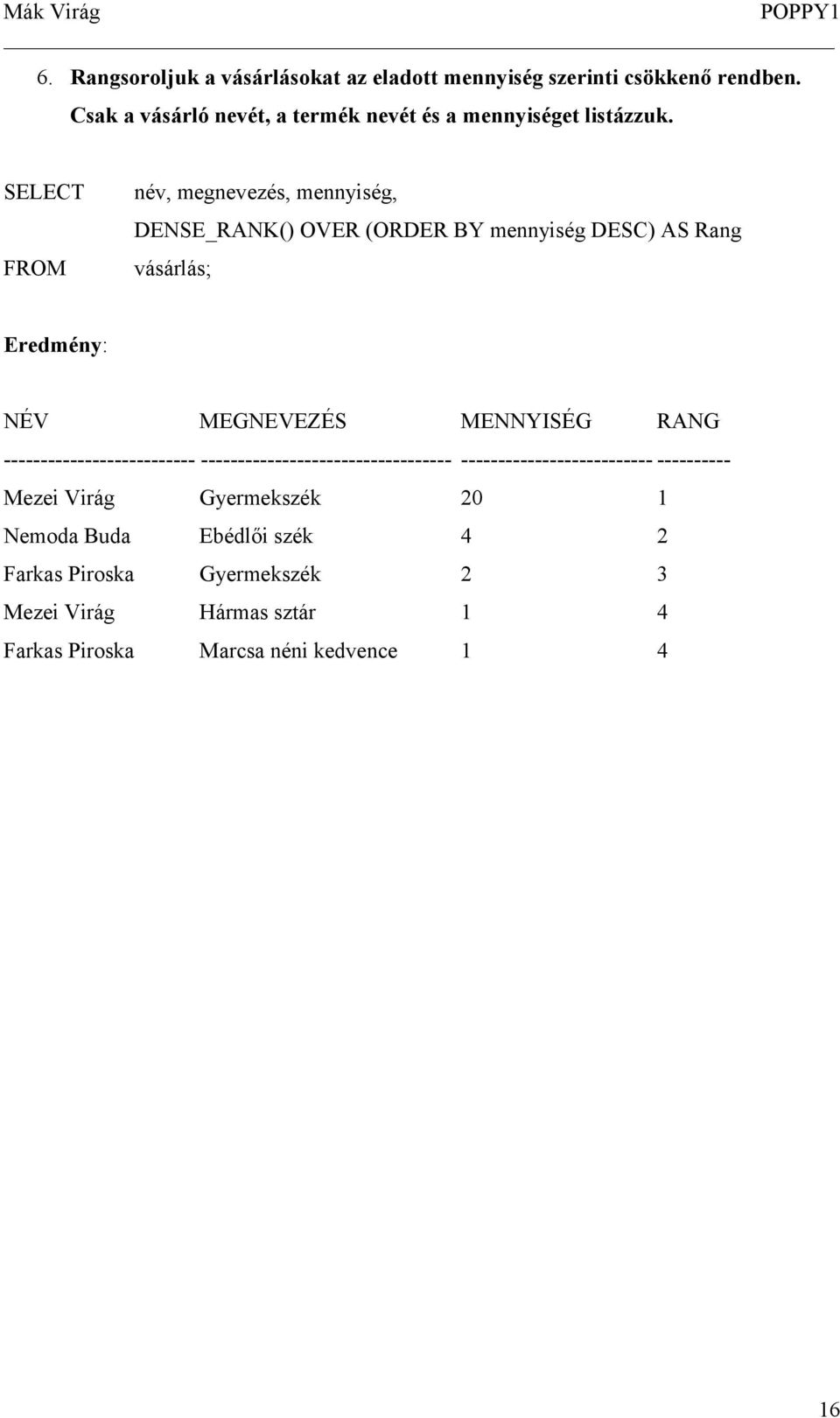 SELECT FROM név, megnevezés, mennyiség, DENSE_RANK() OVER (ORDER BY mennyiség DESC) AS Rang vásárlás; Eredmény: NÉV MEGNEVEZÉS MENNYISÉG