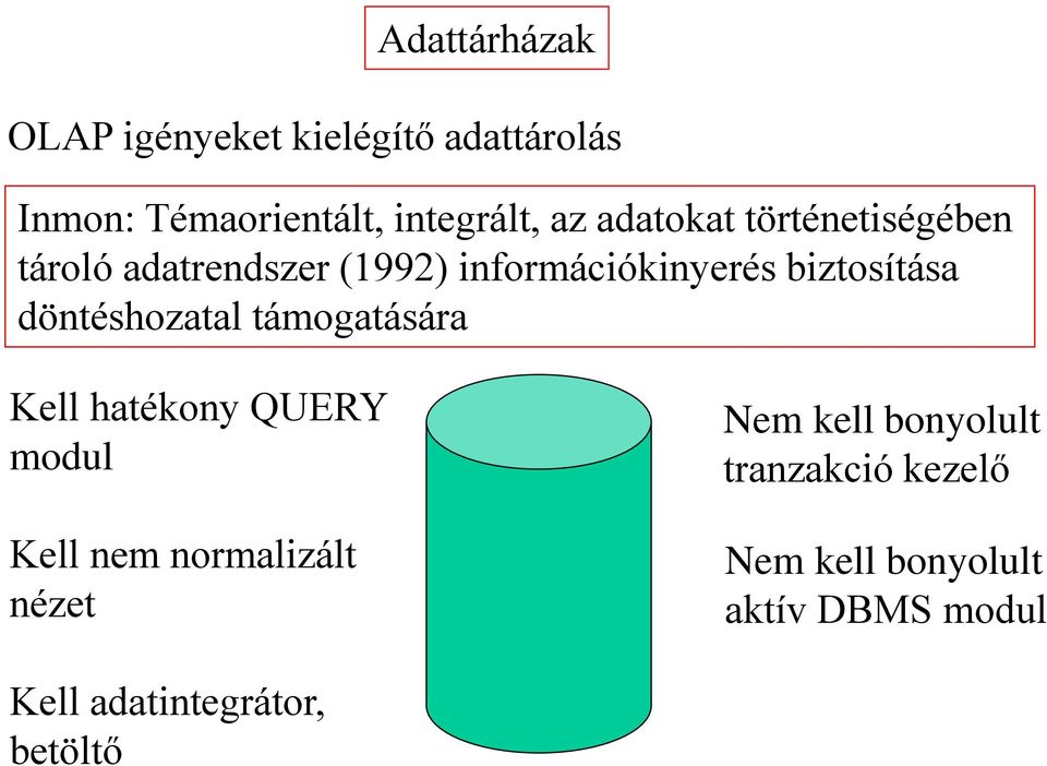 döntéshozatal támogatására Kell hatékony QUERY modul Kell nem normalizált nézet Nem