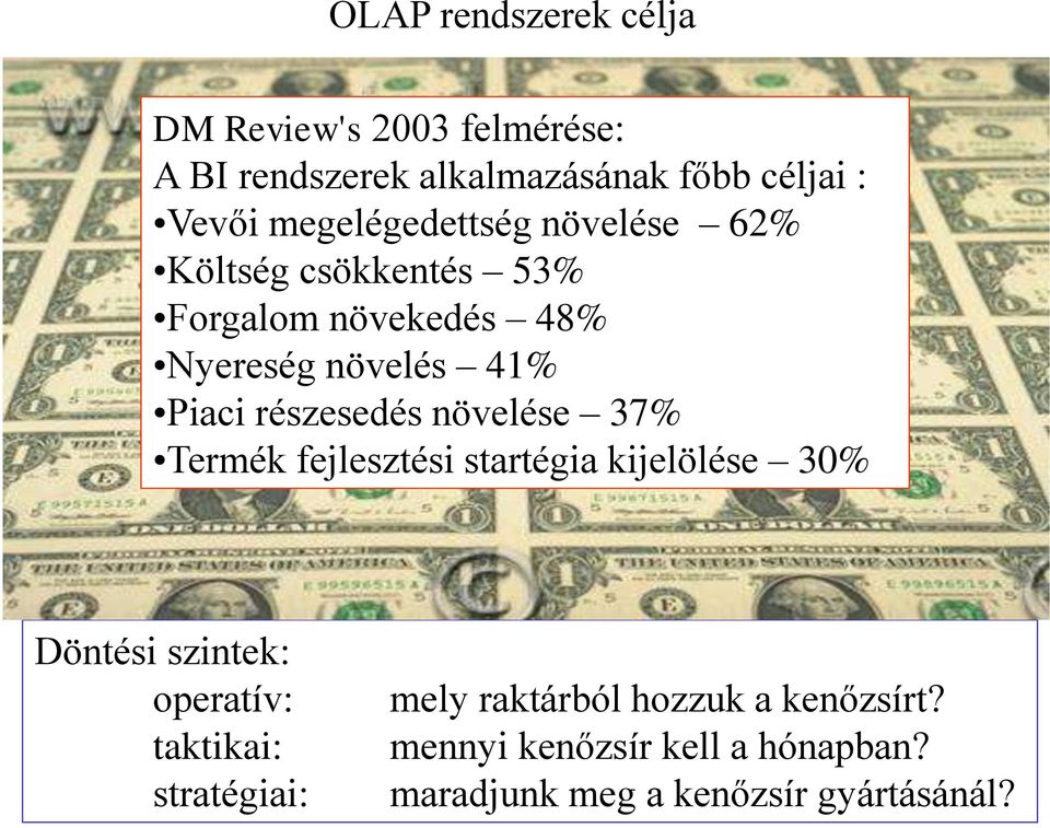 részesedés növelése 37% Termék fejlesztési startégia kijelölése 30% Döntési szintek: operatív: taktikai: