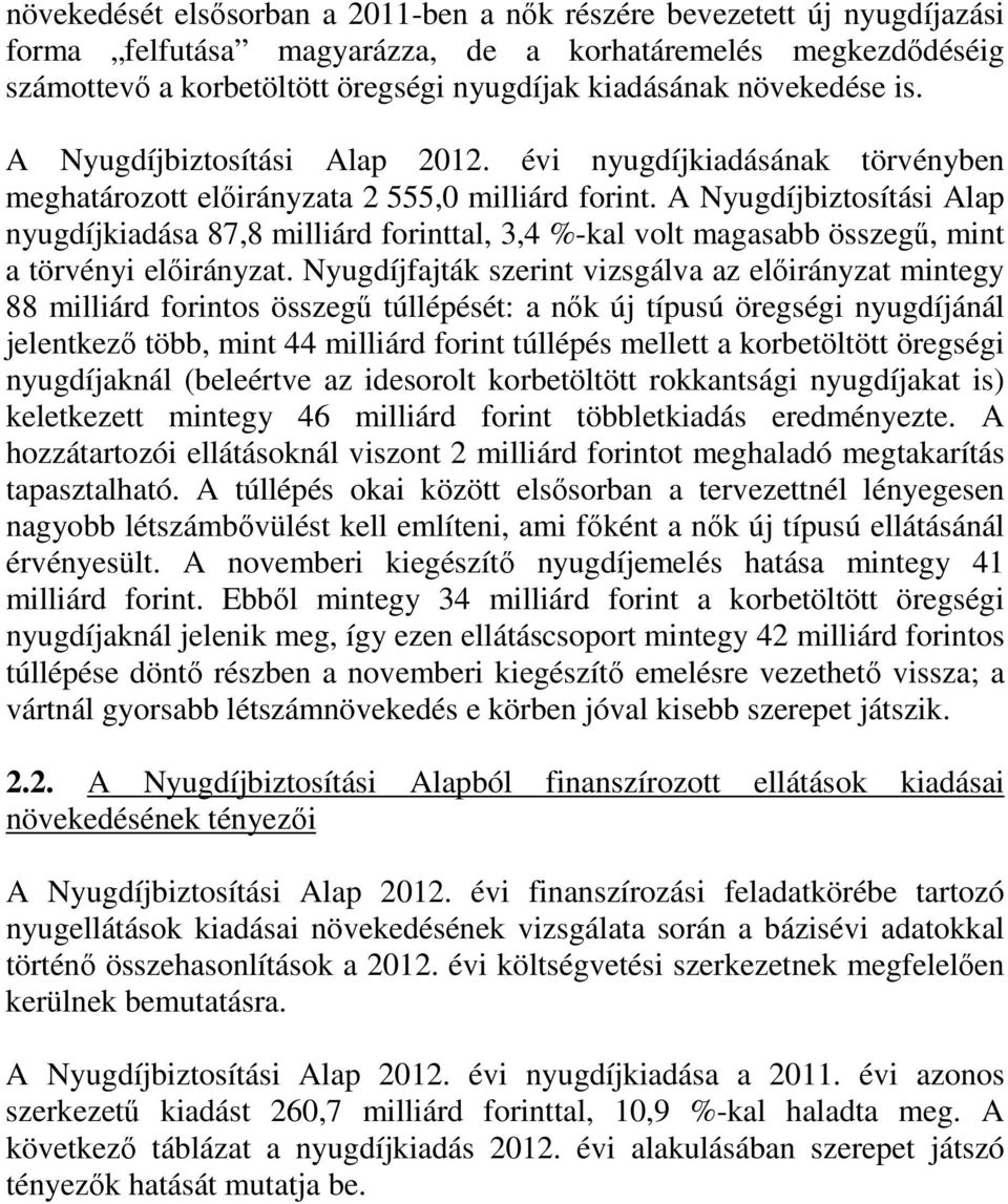 A Nyugdíjbiztosítási Alap nyugdíjkiadása 87,8 milliárd forinttal, 3,4 %-kal volt magasabb összegű, mint a törvényi előirányzat.